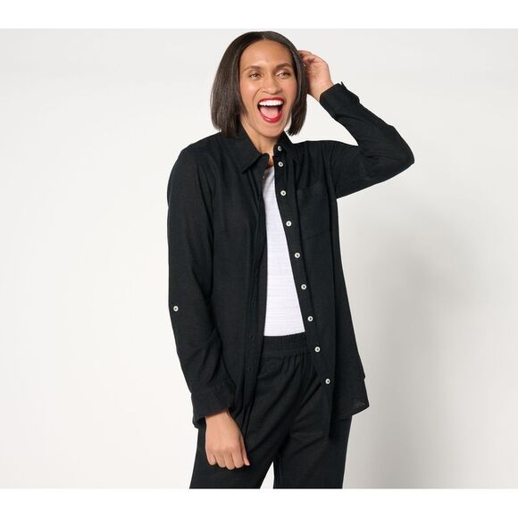 Denim & Co. Women's Top Petite PM Naturals Linen Blend Black A643839 - Picture 1 of 4